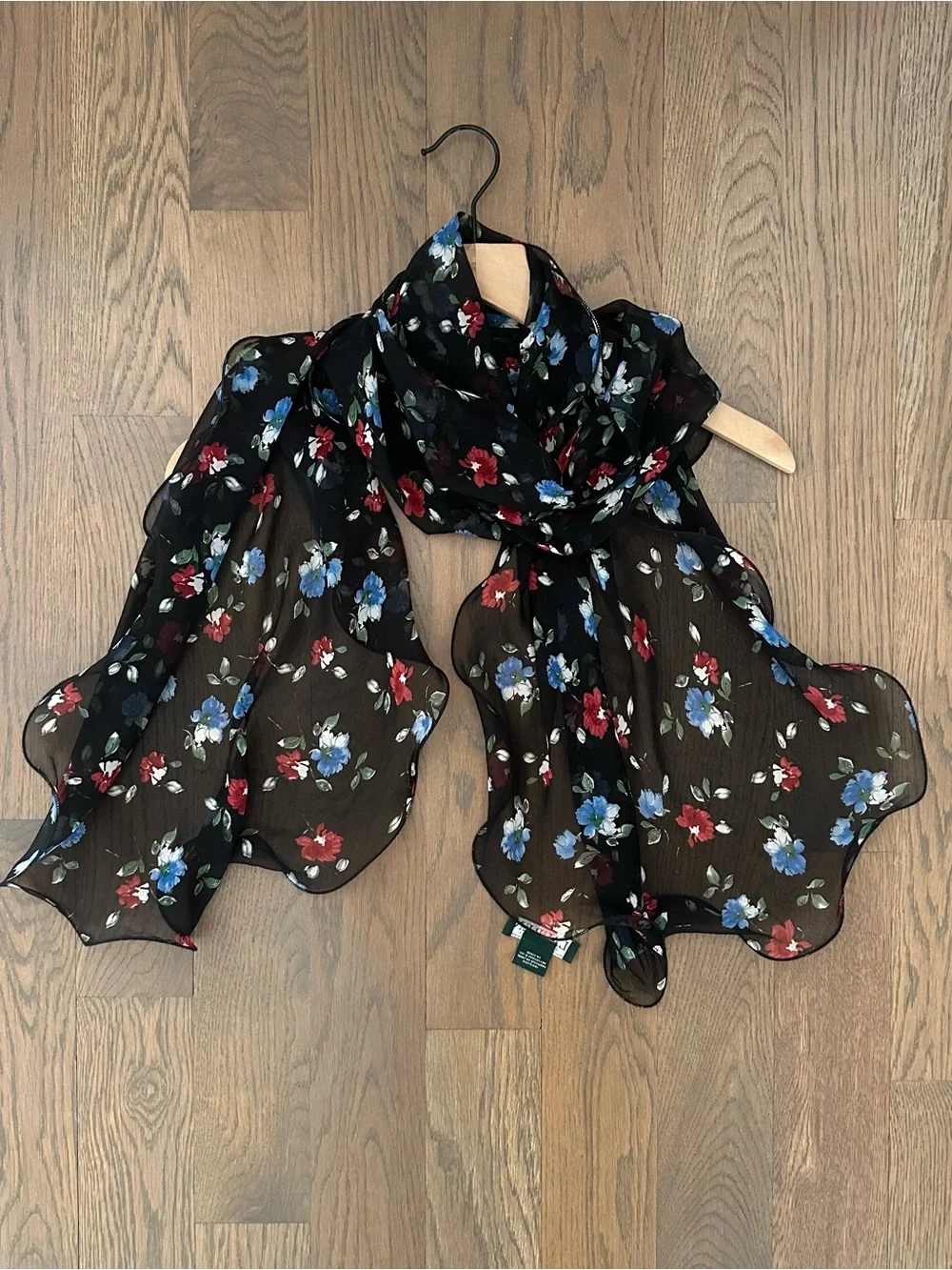 Vintage Ralph Lauren Ruffle Sheer Silk Floral Oblong Scarf Black Multicolor 64